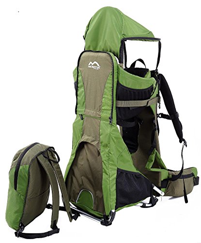 MONTIS Ranger PRO Kinder- Baby- u. Rückentrage, geeignet für Kinder (Babys & Kleinkinder mit stabilem Sitz), Babytrage mit Tragesitz, Sonnen- und Regenschutz, Kraxen-Rucksack-System Wandern, GRÜN - 5